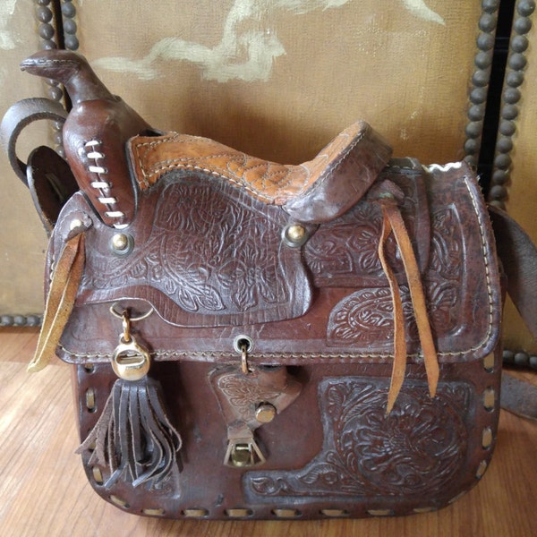 70s leather saddle hand tooled hand bag