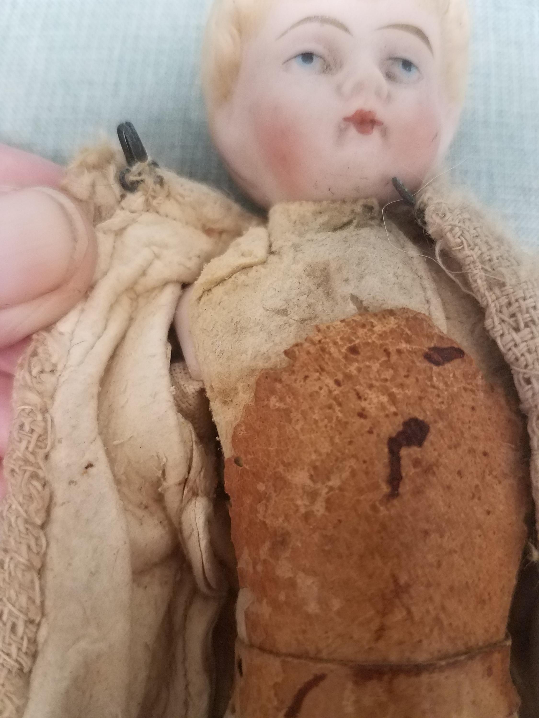 1890s Antique Blonde China Head Doll With Stuffed Body and Leather