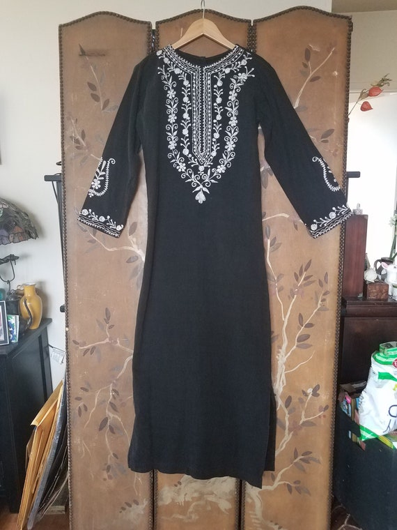 70s black cheesecloth maxi embroidered kaftan dres