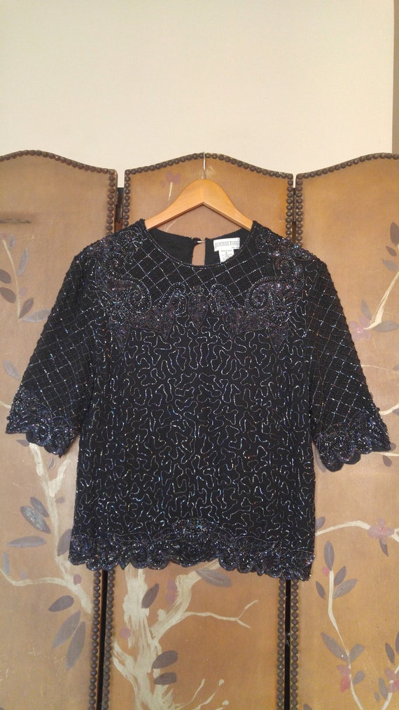 80's Black silk beaded Indian blouse by Justine To