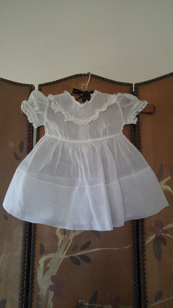 60's sheer white baby girl's dress with lace and p