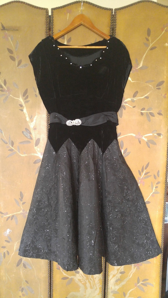 40's black velvet dress with diamante belt and fu… - image 1