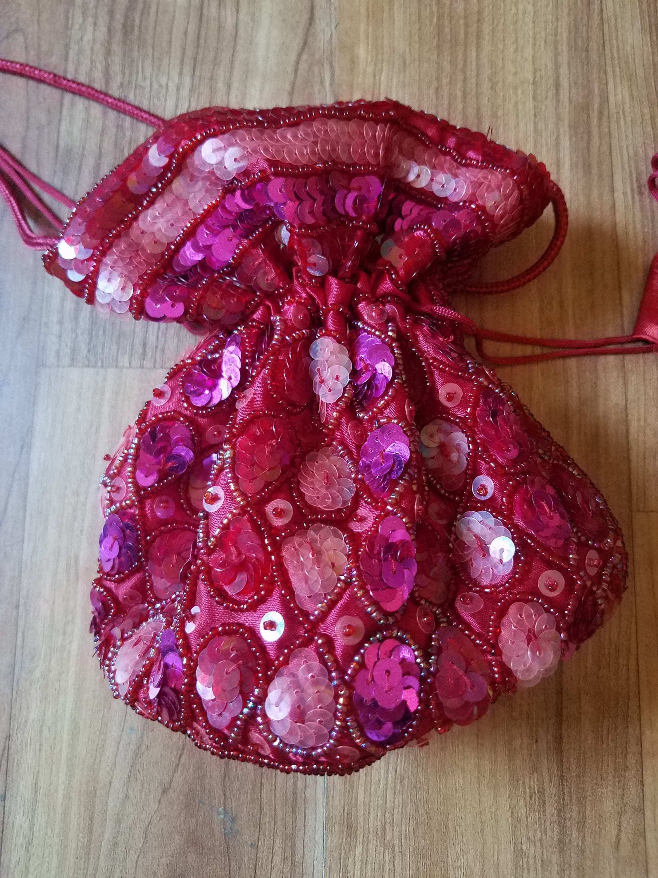90s Pink and Red Sequin and Beaded Drawstring Pouch Bag Etsy