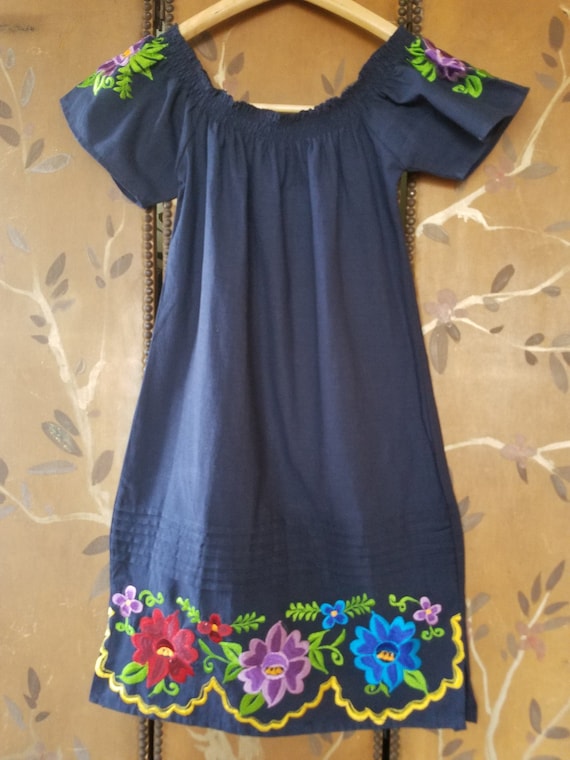 80s Blue Mexican Embroidered Boho / Hippie / Peasant Mini Dress