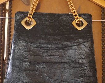 60s Mod black faux leather / vegan multi compartment and heavy goldtone chain handbag by Aly Handbags Miami Florida