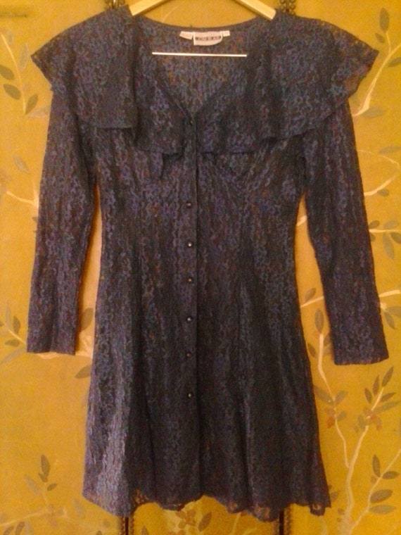 80s navy blue sheer lace mini dress by Joni Blair