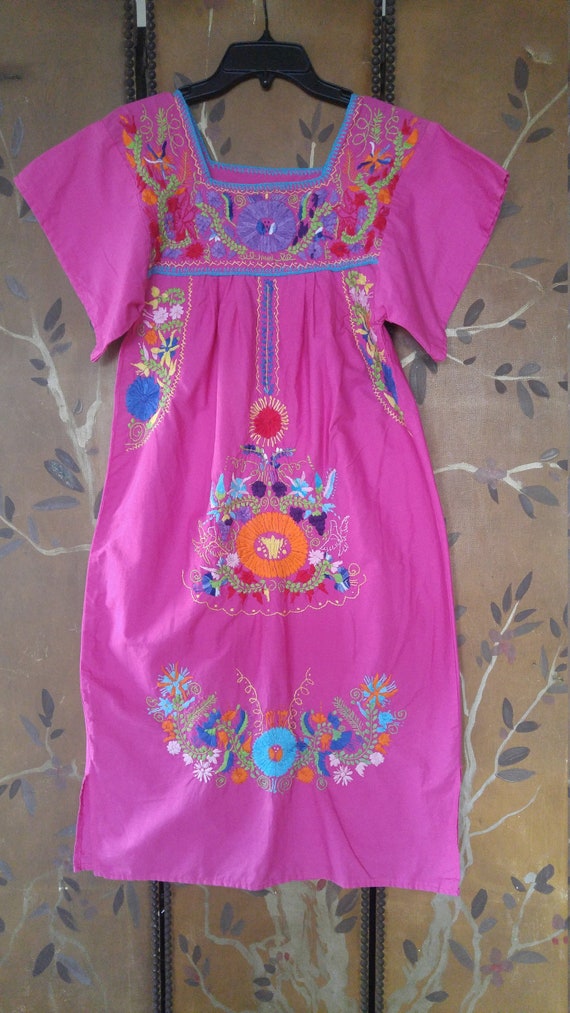 70s hot pink embroidered Mexican dress