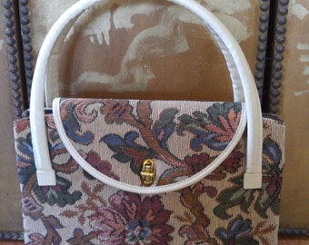 60's tapestry handbag with white handles and trim