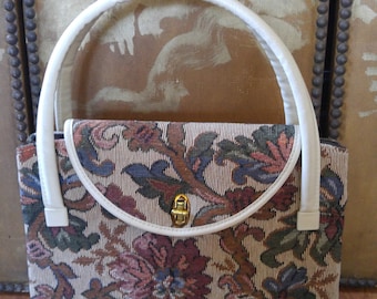 60er Jahre Gobelin Handtasche mit weißen Griffen und Borte