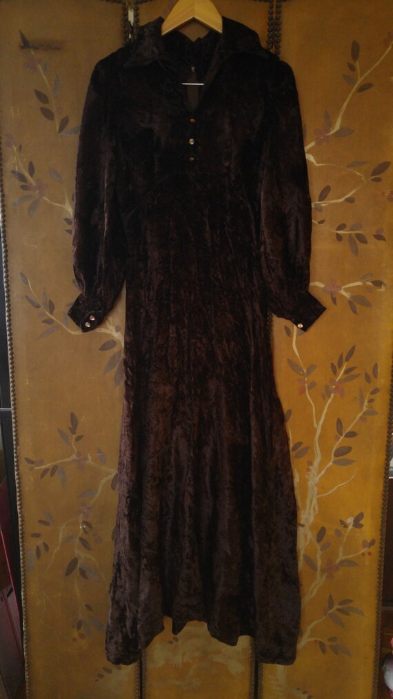 70s brown crushed velvet hand made maxi dress