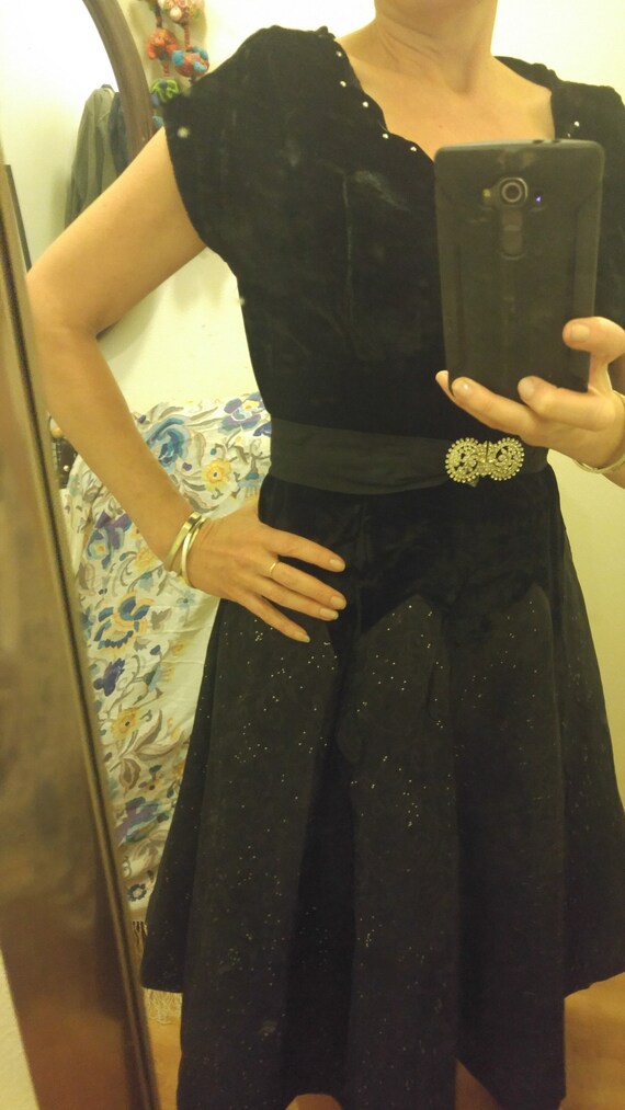 40's black velvet dress with diamante belt and fu… - image 10