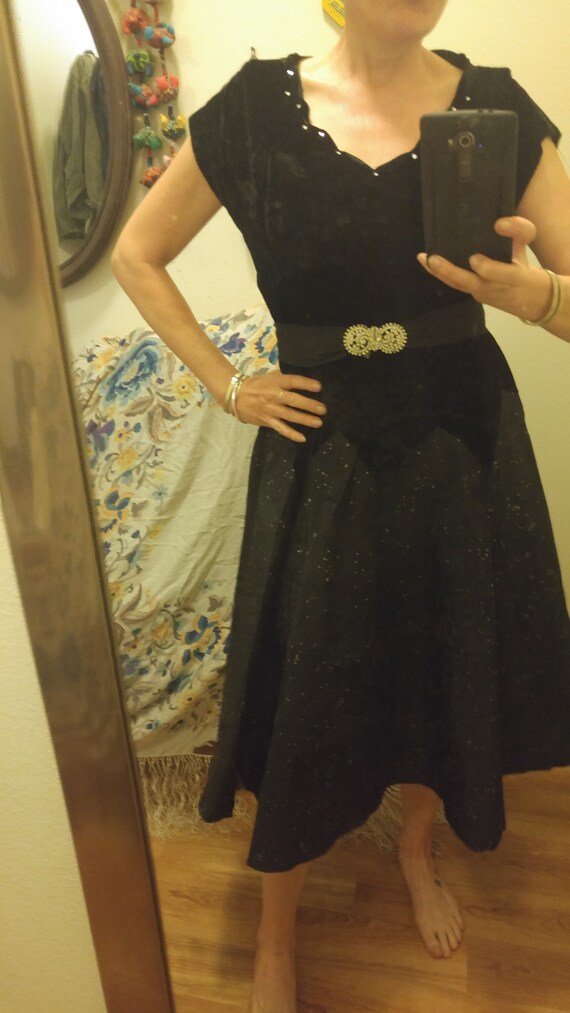 40's black velvet dress with diamante belt and fu… - image 9