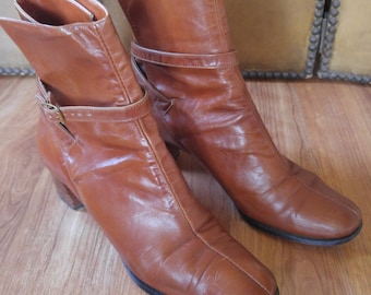 70s tan leather and faux leather high heel ankle buckle boots