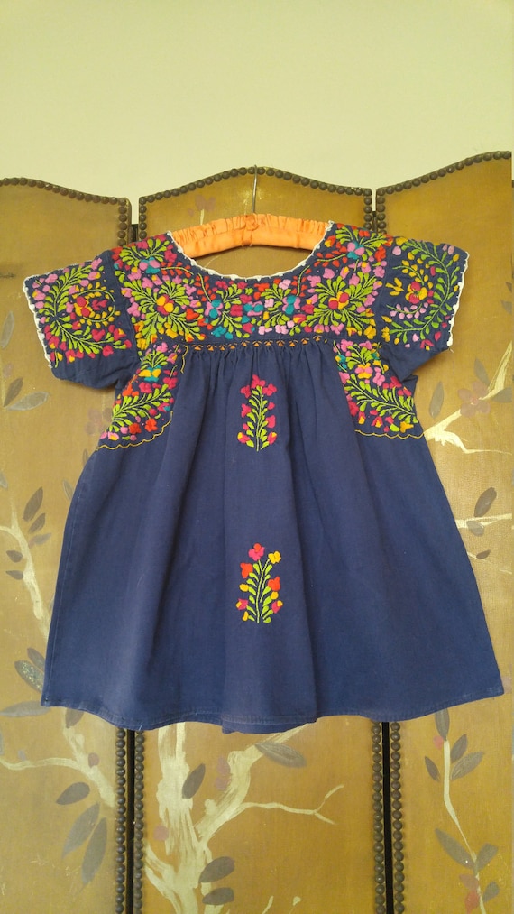 80s blue embroidered flowered peasant smock top