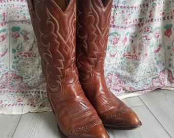 Vintage Tony Lama brown brandy and tan pointed toe leather cowboy boots