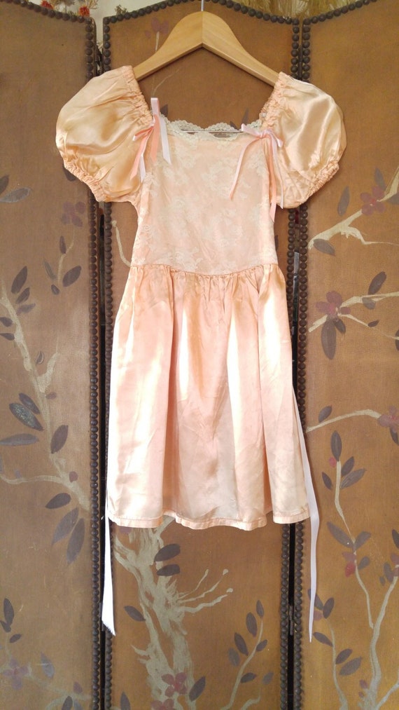 70s girls silky peach and ivory lace ribbons party