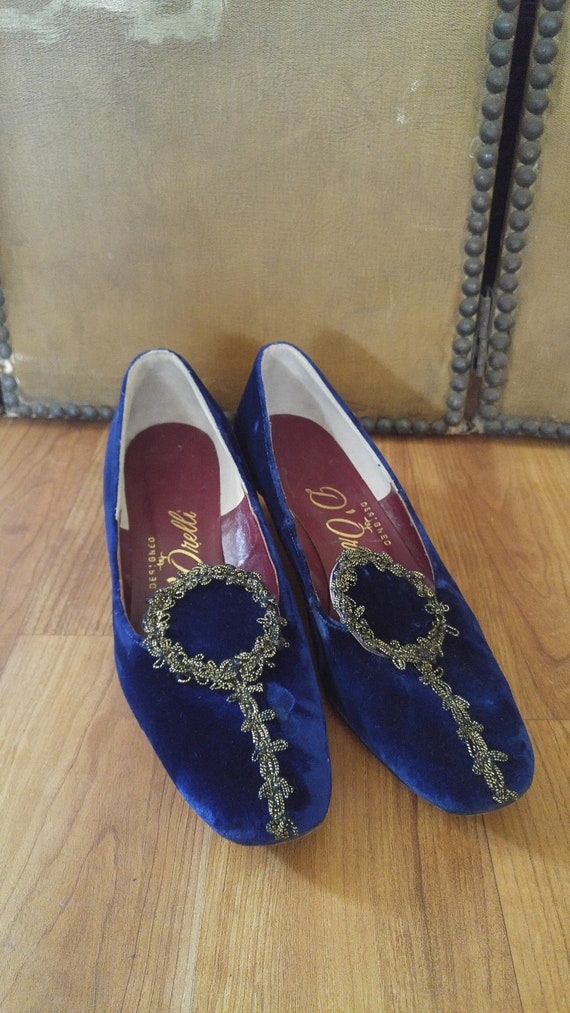 60's blue velvet and gold trim buckle shoes by D'O