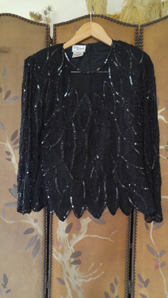 80s black silk sequin and beaded Stenay evening bl