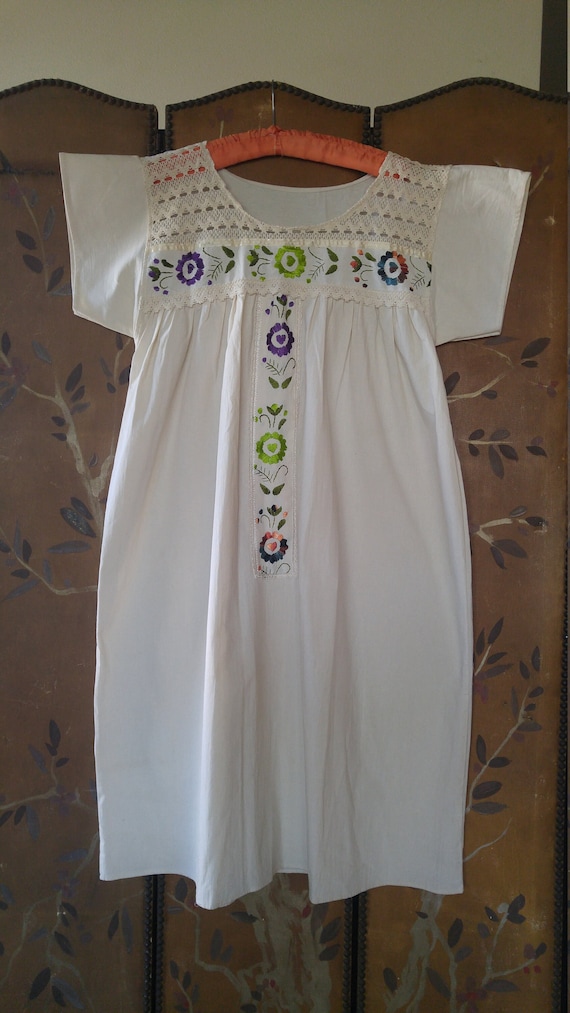 80s cream embroidered boho peasant hippie dress wi