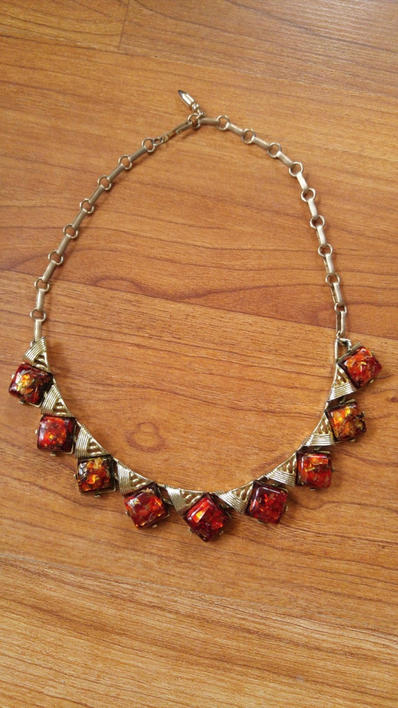 60s Coro dark amber confetti resin and goldtone ab