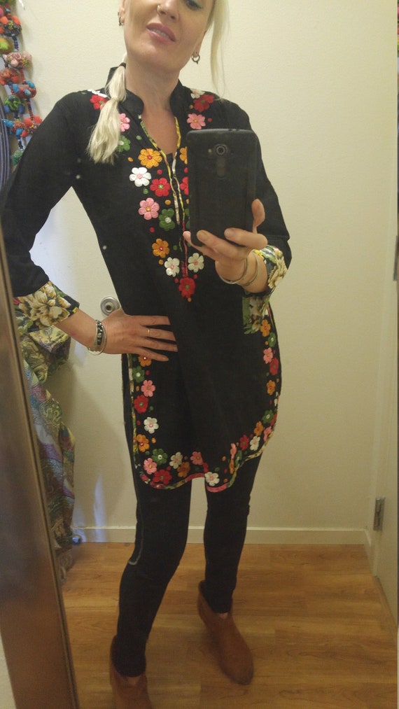 80s Indian black tunic dress with embroidered flo… - image 3