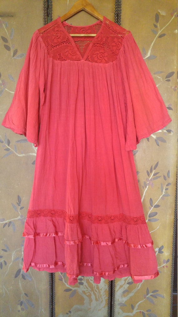 70s Gauze cheesecloth salmon red maxi boho hippie… - image 2