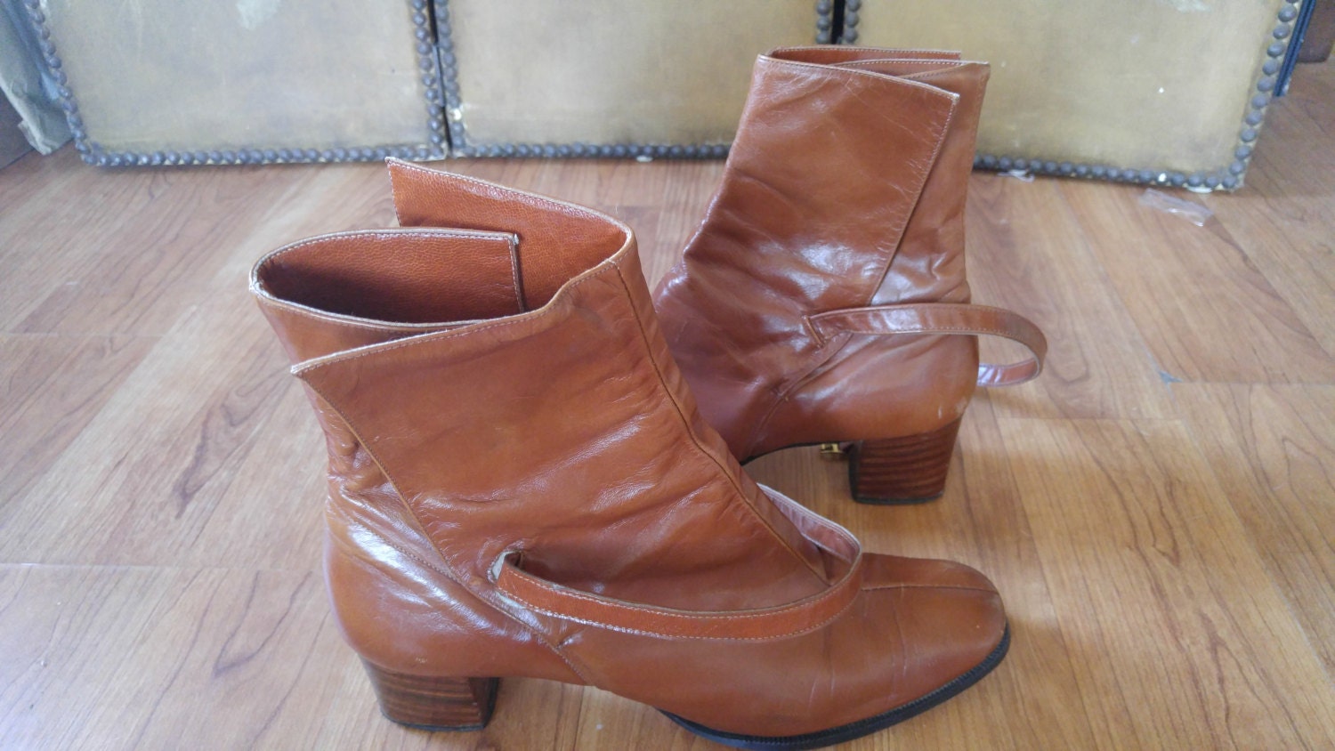 70s Tan Leather and Faux Leather High Heel Ankle Buckle Boots - Etsy