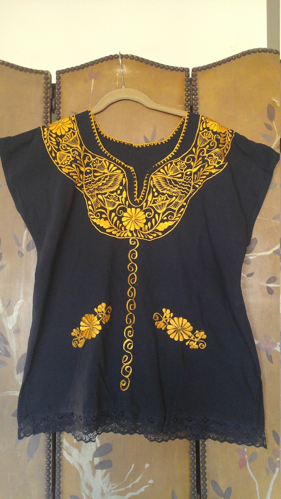 70s black hippie / gypsy /ethnic blouse with gold 