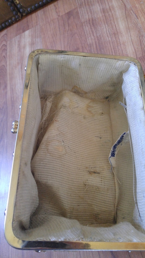 50's woven raffia box hand bag with metal handles… - image 6
