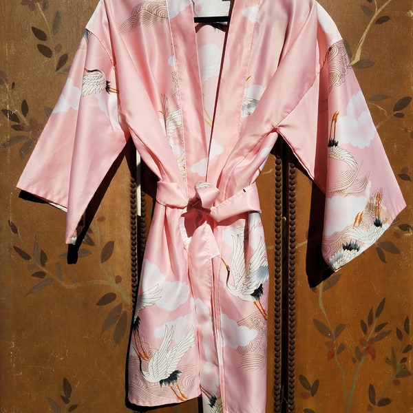 70s Masukyo pink heron print kimono robe