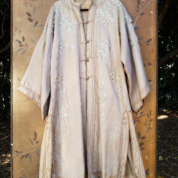40s taupe silk embroidered Asian robe / full length coat