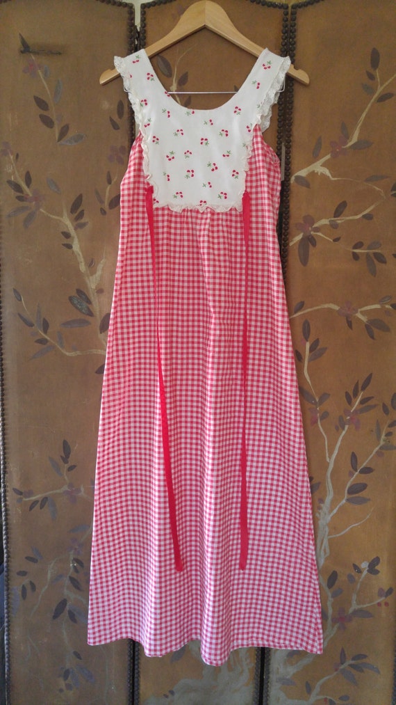 70s red and white gingham and cherry print maxi country style | Etsy