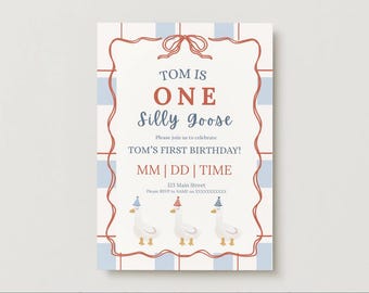 May include: A birthday invitation with a whimsical design. The invitation features the text "TOM IS ONE Silly goose" in a playful font, with a red and blue color scheme. Three cartoon geese wear party hats at the bottom.