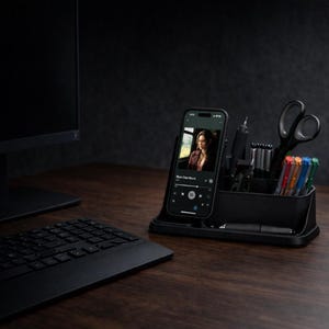 Può includere: Un organizer da scrivania nero con uno smartphone che mostra un video. L'organizer contiene penne, forbici e altre forniture per ufficio. La scrivania presenta anche una tastiera e un monitor del computer, tutto nero, su una superficie di legno.