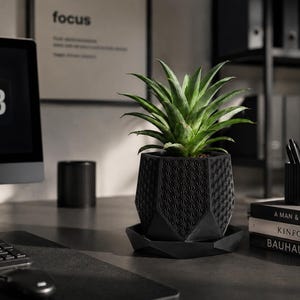 Può includere: Una fioriera geometrica nera con una pianta verde su una scrivania. La fioriera ha un motivo dettagliato ed è su un piattino abbinato. Un computer, libri e forniture per ufficio sono anche sulla scrivania.