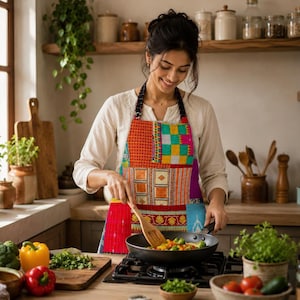May include: A colorful patchwork apron featuring a variety of vibrant geometric and floral patterns in shades of red, orange, yellow, green, and purple, with black neck and waist straps, worn while cooking with a wooden spatula in a frying pan.