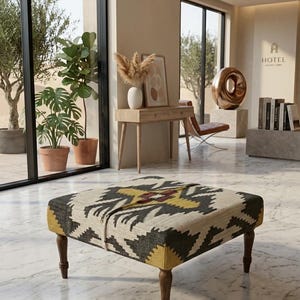 Handwoven Kilim Patchwork Ottoman Bench – Boho Wool Jute Upholstered Footstool, Wooden Legs
