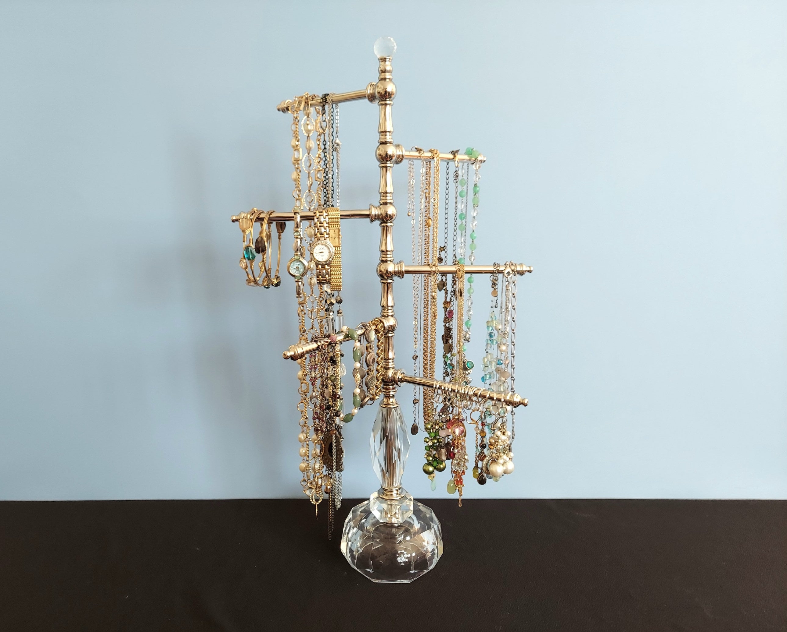 Vintage Hand Cut Crystal and Nickel Jewelry Organizer With 6 Vintage Hand Cut Crystal and Nickel Jewelry Organizer With 6
