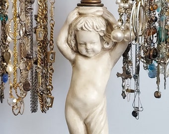 French Decor Shabby Cherub Revolving 6-Arm Necklace Display Stand | Vintage Upcycled Lamp Parts | Custom Made