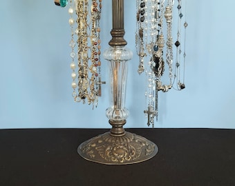 20-24" Tall 6-Arm Adjustable Long Necklace Holder on Antique Brass and Glass Base | Rosary Lariat and Long Necklace Display Stand