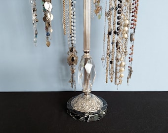 20-24" Tall 6-Arm Nickel and Crystal Revolving Long Necklace Stand | Rosary Lariat Long Necklace Holder | Elegant French Decor Gift