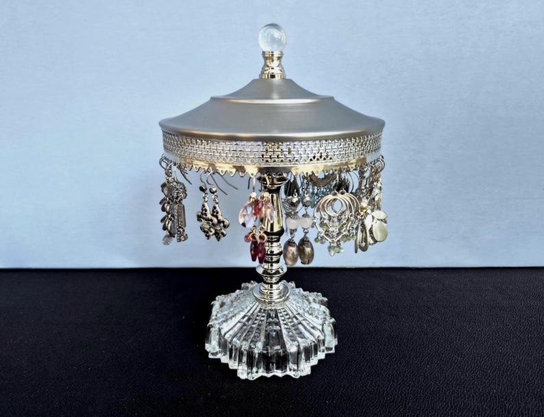 Revolving Pierced Earring Holder for 24+ Pairs | Stud or Wire-Type Pierced Earring Display on Vintage Nickel and Glass Base image 1