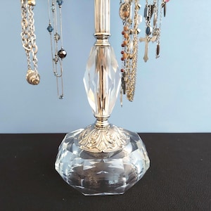 6-Arm Revolving Nickel and Cut Crystal Necklace Holder for Rosary, Mala Beads and Long Necklaces | Upcycled Lamp Parts