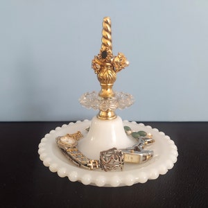 Brass Ring Holder on Vintage Milk Glass Dish | Candlewick Jewelry Dish