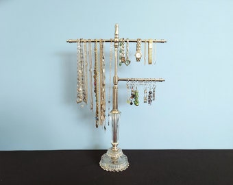 3-Arm Adjustable Nickel Jewelry Organizer on Vintage Pattern Glass Base | Upcycled Lamp Parts | Made in America