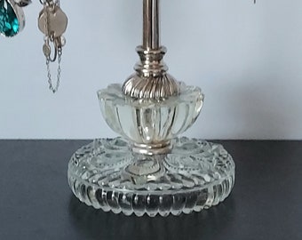 Vintage Flower Pattern Glass and Nickel T-Bar Necklace Stand | Shabby or Garden Decor | Sandwich Glass
