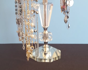 4-Arm Mid- Century Modern Crystal and Nickel 4-Arm Revolving Necklace Stand | Jewelry Organizer from Upcycled Lamp Parts