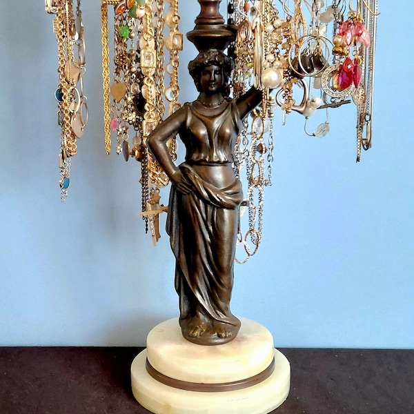 Vintage Goddess Figure 6-Arm Antique Brass Jewelry Organizer on Onyx Base | Neoclassical | Adjustable Earring Necklace Bracelet Ring Holder