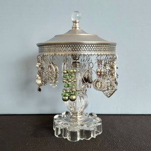 Revolving Pierced  Earring Holder for 24 + Pairs on Vintage Pattern Glass Lamp Base | Nickel and Glass Earring Display