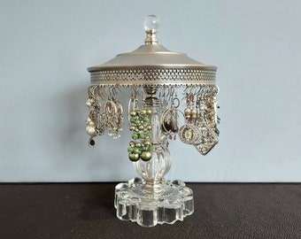 Revolving Pierced  Earring Holder for 24 + Pairs on Vintage Pattern Glass Lamp Base | Nickel and Glass Earring Display